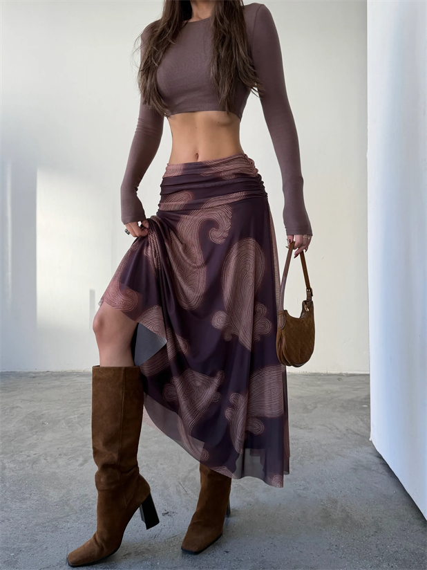 Beli Drapeli Etnik Uzun Etek - Kahve