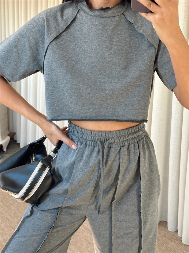 Ters Dikiş Detay Crop Takım - Antrasit