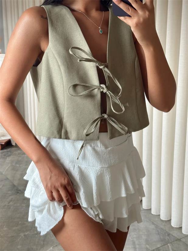 Keten Bağcıklı Yelek  - Haki