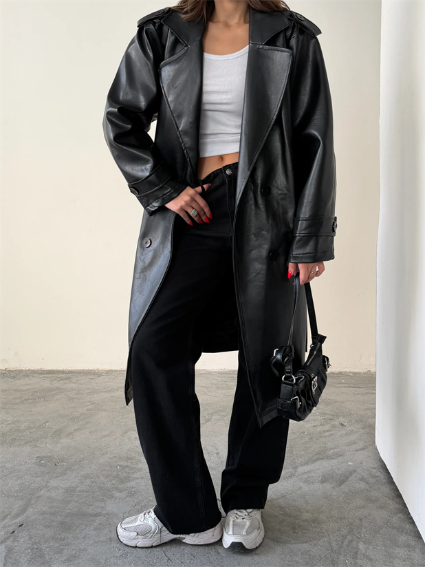 Apolet Detaylı Deri Trençkot - Siyah