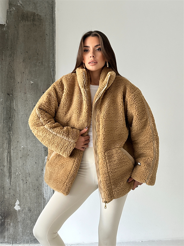 İç Astarlı Oversize Peluş Mont  - Vizon
