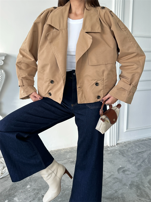 Dört Düğmeli Crop Trençkot - Camel
