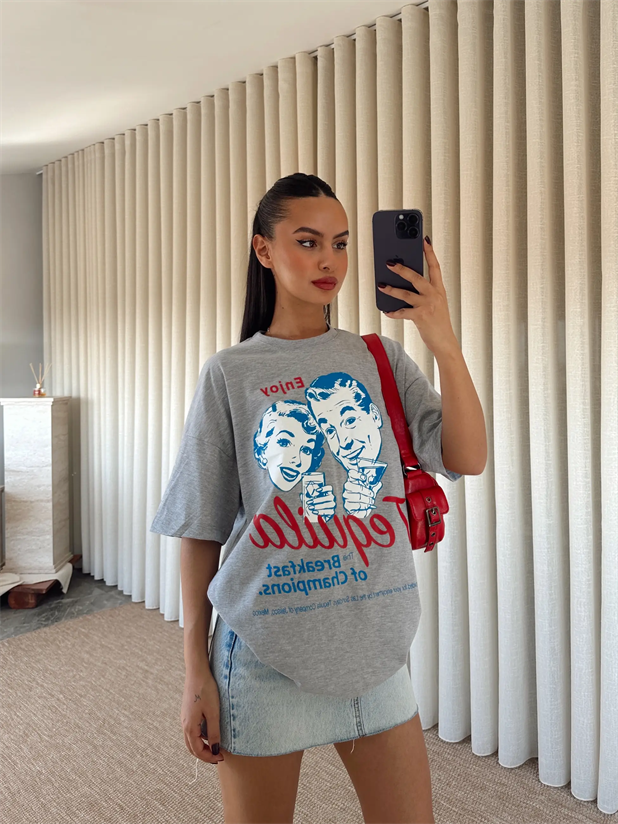 Tequila Baskılı Tshirt Gri - Gri