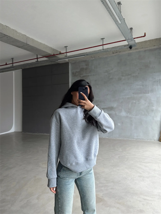 Kapüşonlu Sweatshırt Gri Melanj - Gri