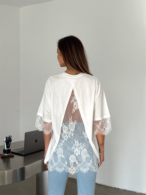 Sırtı Dantel Detaylı T-shirt - Beyaz