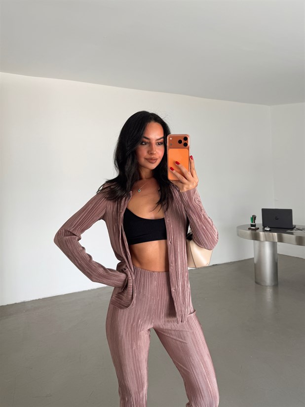 Piliseli Gömlek Pantolon Takım - Gül Kurusu