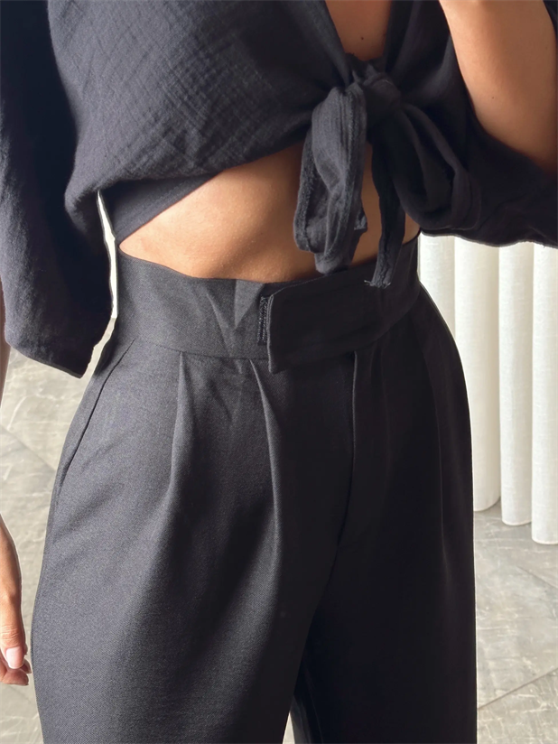 Cırtlı Keten Palazzo  - Siyah