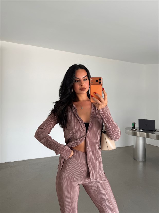 Piliseli Gömlek Pantolon Takım - Gül Kurusu