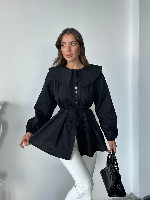 Geniş Yaka Poplin Gömlek - Siyah