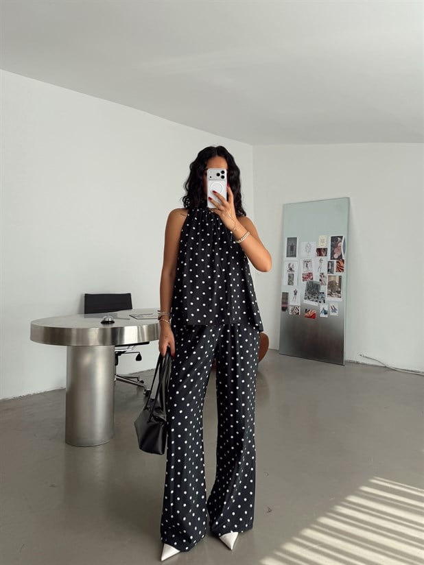 Puantiyeli Halter Yaka Takım - Siyah