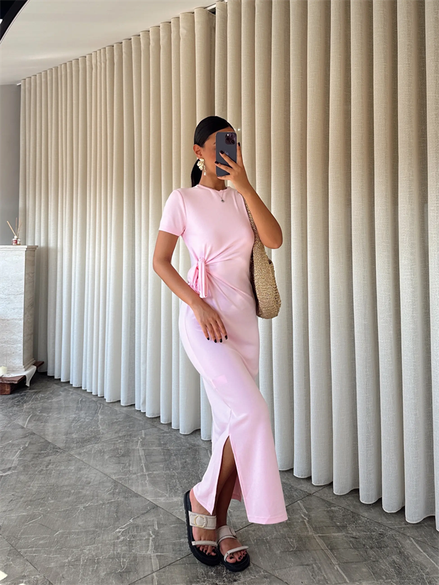 Bağlamalı Modal  Kumaş Elbise - Pembe