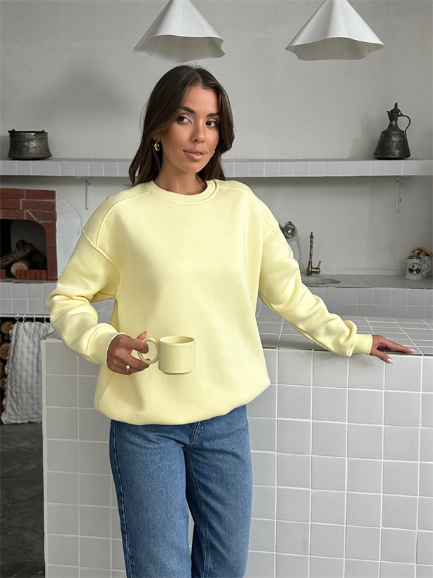 Bisiklet Yaka Ribanalı Sweat - Sarı