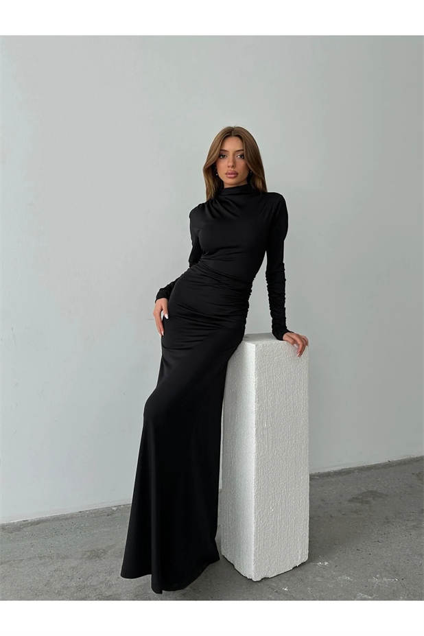 Drape Balıkçı Elbise Siyah - Siyah