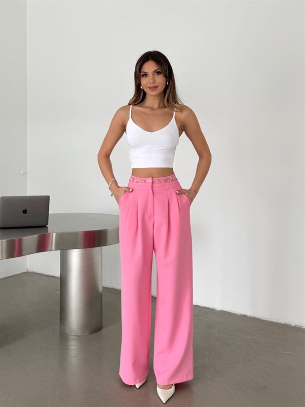 Kemeri Dantel Detaylı Palazzo Pantolon  - Pembe