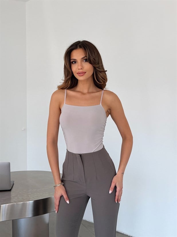 Yan Büzgülü Bodysuit Gri - Gri
