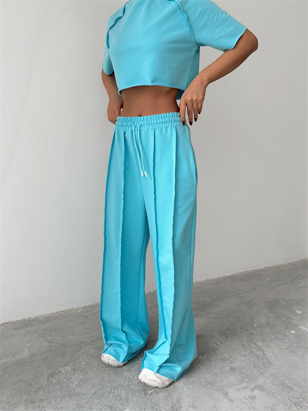 Ters Dikiş Detay Crop Takım - Mavi