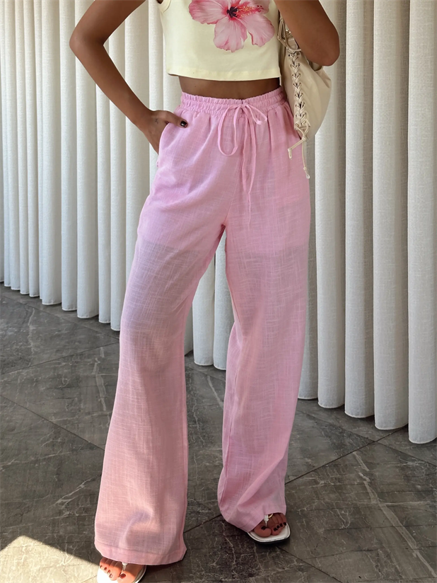 Bol Paça Keten Pantolon - Pembe