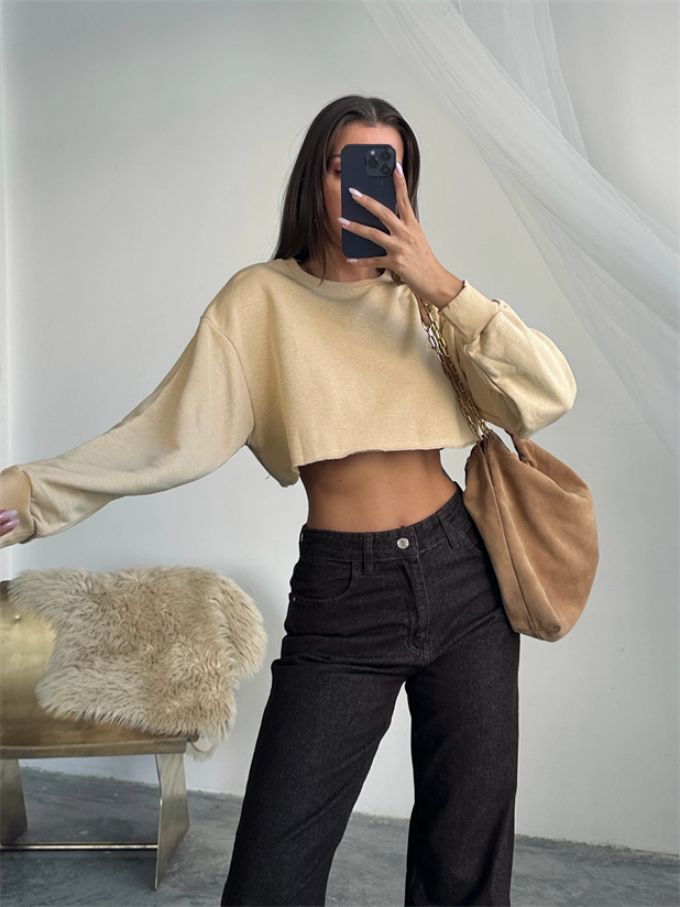 Dikişsiz Crop Sweat - Vizon