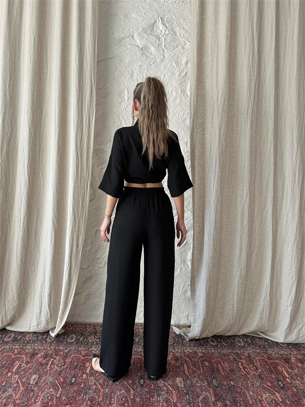 Belina Keten Bel Detay Pantolon Siyah - Siyah