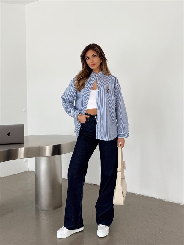 Bear Nakışlı Çizgili Gömlek - Mavi