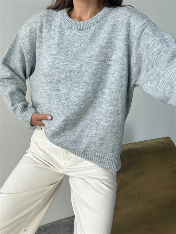 Yıkamalı Şardonlu Triko Kazak - Gri