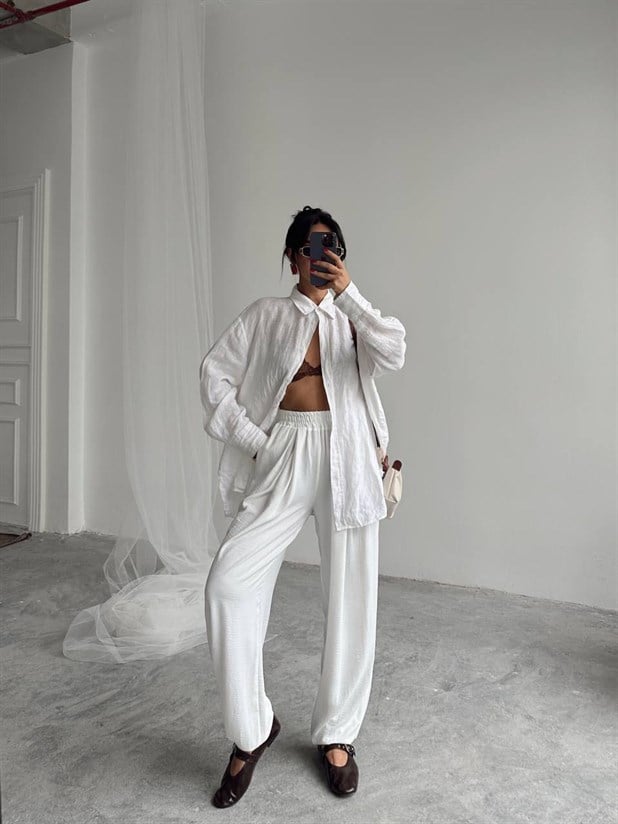 Beli Lastikli Şalvar Pantolon - Beyaz