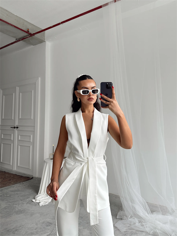 Bağlamalı Blazer Yelek  - Beyaz