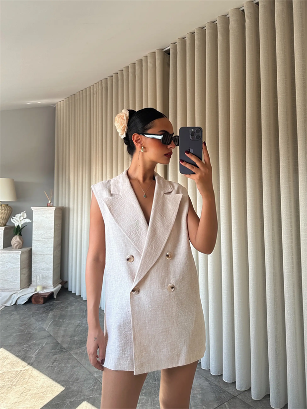 Düğmeli Keten Yelek Bej - Bej