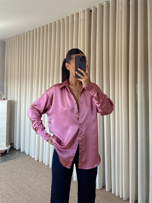 Oversize Saten Gömlek - Gül Kurusu