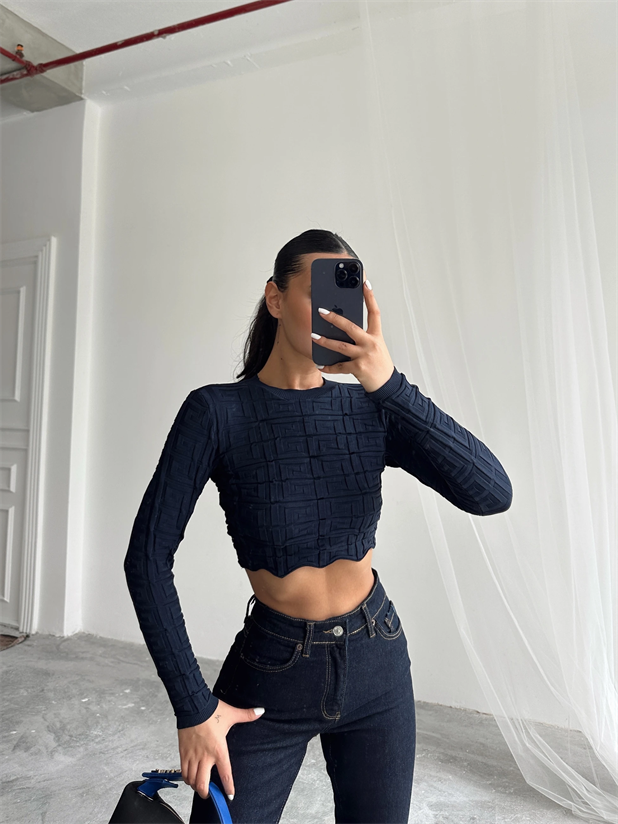 Labirent Desen Crop Triko Kazak Lacivert - Lacivert