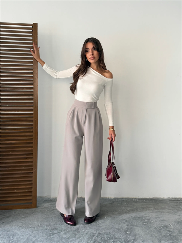 Bel Cırtlı Palazzo Pantolon  - Gri