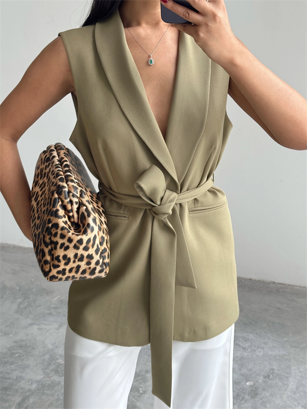 Bağlamalı Blazer Yelek  - Haki Yeşil