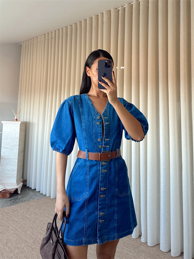 Kemerli Denim Elbise - Mavi