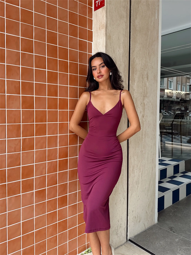 Askılı Dalgıç Kumaş Elbise - Mürdüm