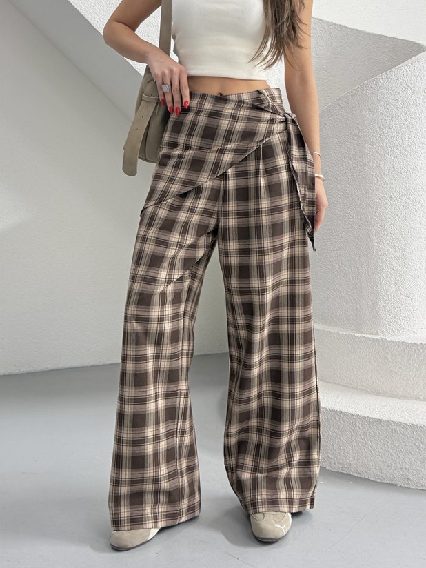 Bel Fular Detay Ekose Pantolon - Kahve