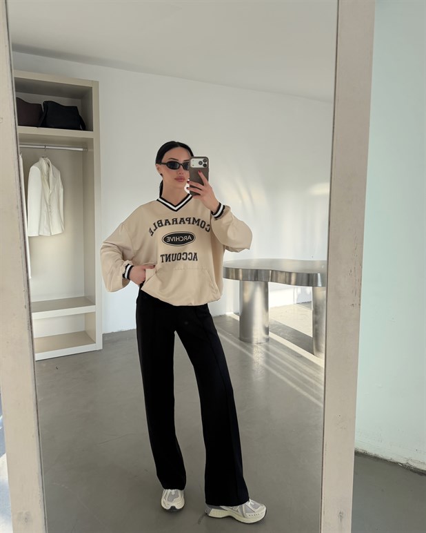 Önü Baskılı Şerit Detay Sweat - Taş