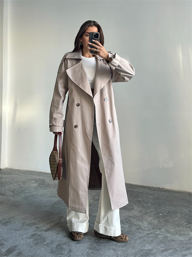 Kemerli Trençkot Bej - Bej