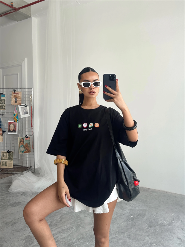 Fruit Nakış Basic T-shirt Siyah - Siyah