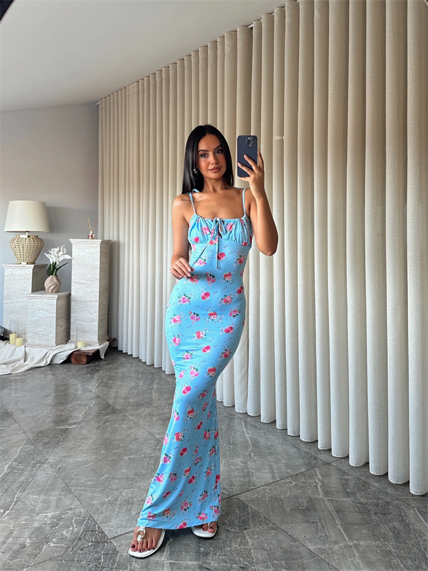 Çiçek Desen Maxi Elbise  - Bebe Mavi