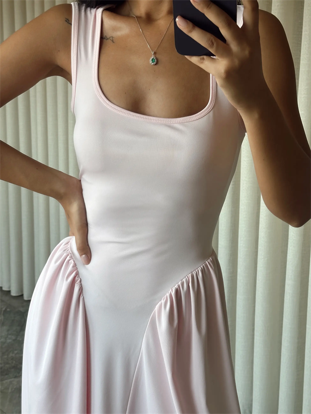 Korse Detaylı Midi Elbise - Pembe