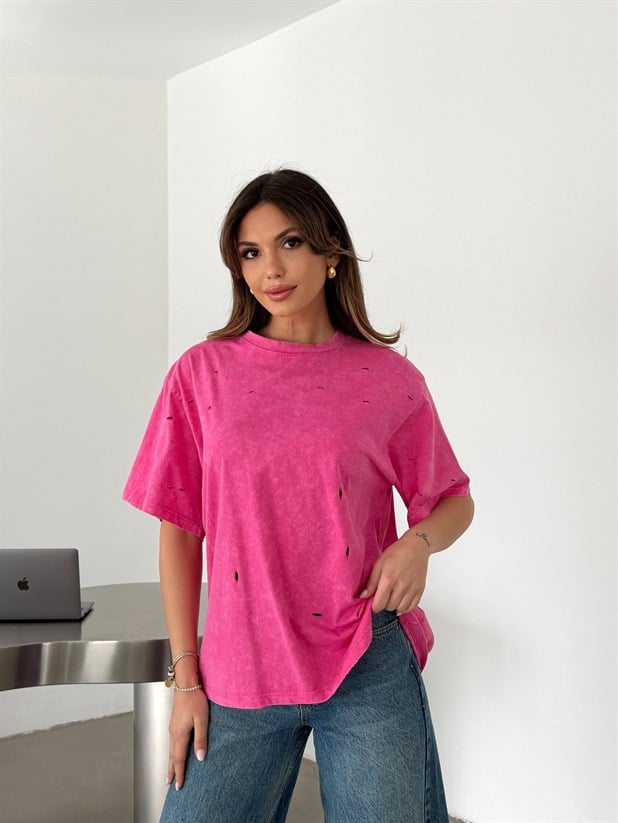 Delikli Yıkama T-shirt - Pembe