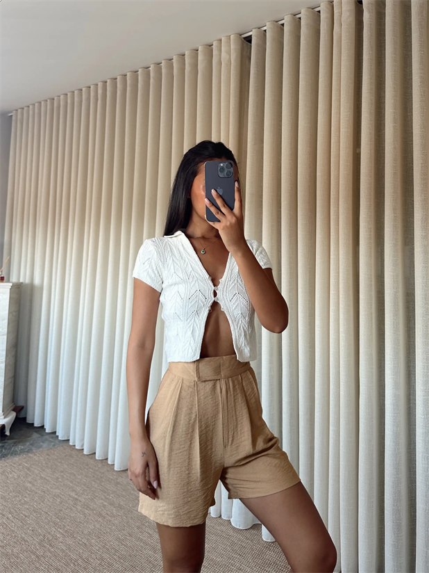 Cırtlı Keten Şort - Vizon