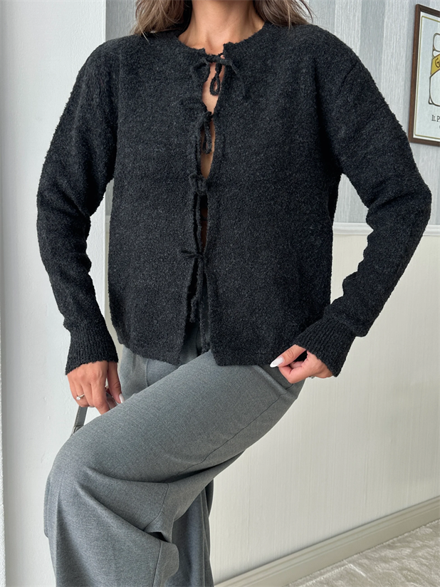 Önden Bağlamalı Triko Hırka  - Siyah