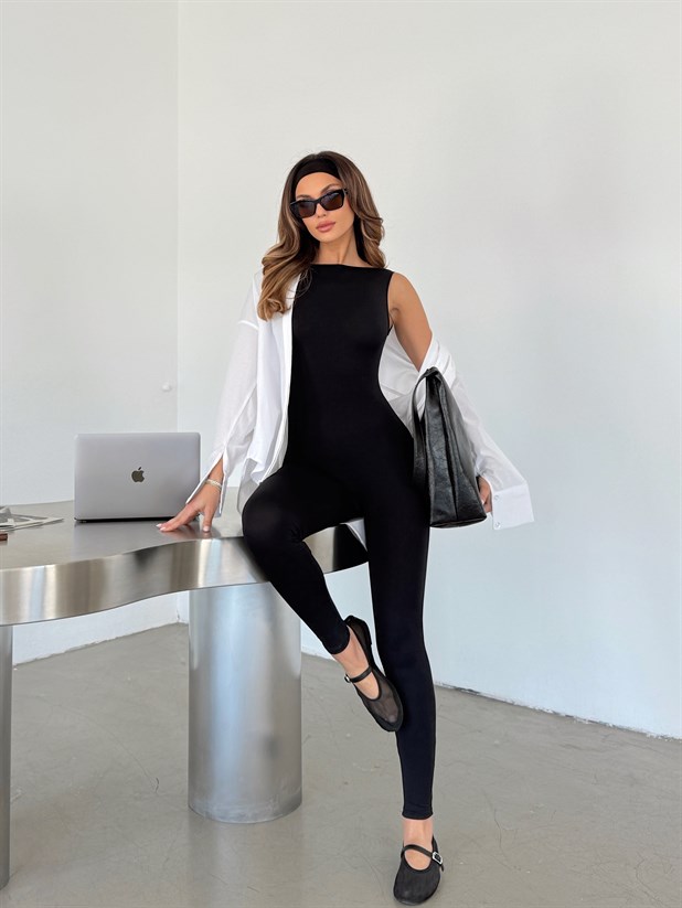 Sırt Detaylı Tayt Tulum - Siyah