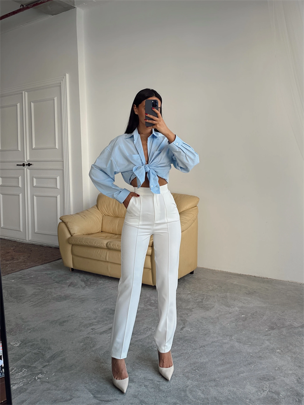 Beli Lastikli Çımalı Pantolon  - Beyaz