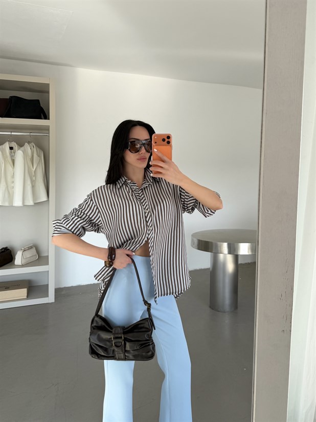 Çizgili Kol Manşet Detaylı Gömlek - Kahve