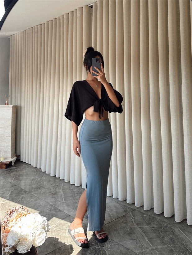 Yanı Yırtmaçlı Etek - Gri