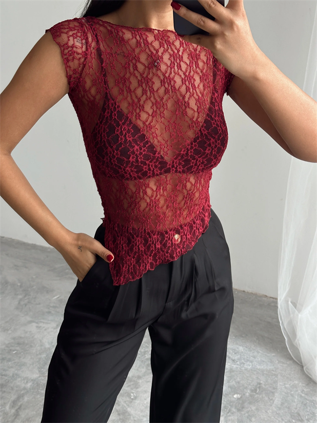 Asimetrik Dantel Bluz - Bordo