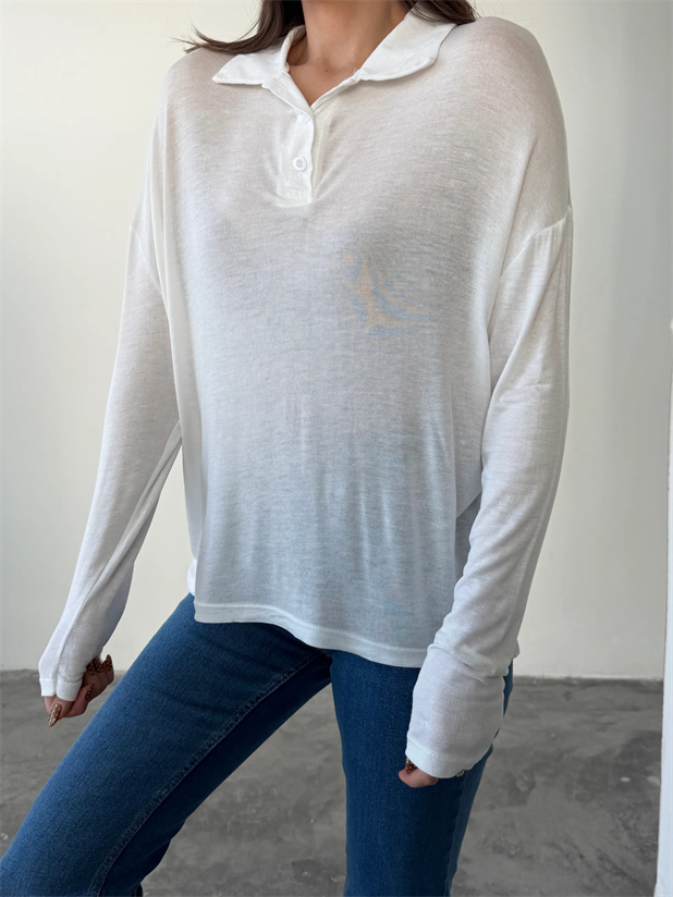 Polo Yaka Salaş Bluz - Beyaz