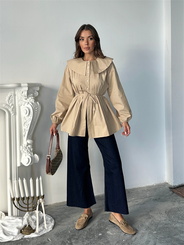 Geniş Yaka Poplin Gömlek - Bej